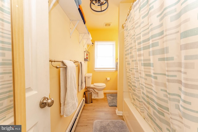 bathroom featuring shower / bath combination with curtain, toilet, wood-type flooring, and a baseboard heating unit