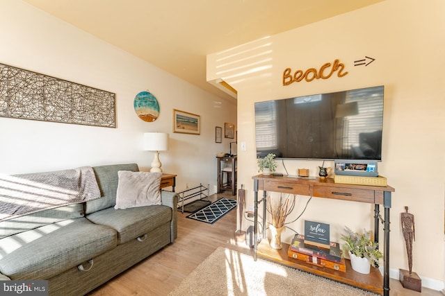 living room featuring light wood-type flooring and baseboard heating