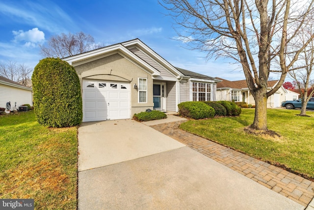 single story home featuring a front lawn, central AC unit, and a garage