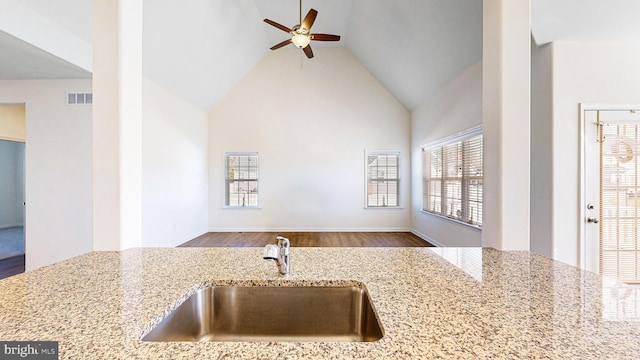 kitchen featuring light stone counters, sink, high vaulted ceiling, and hardwood / wood-style flooring