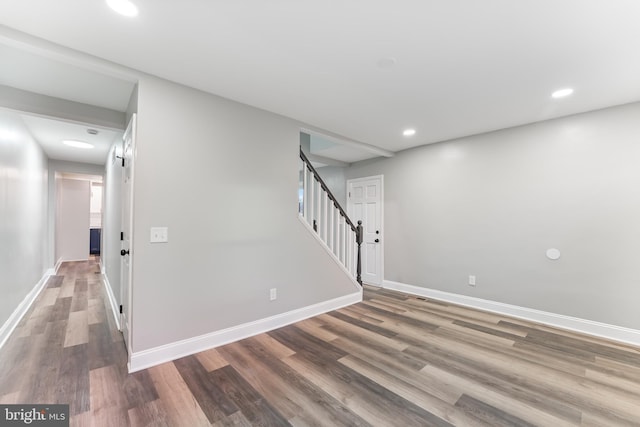 727 Clayton, New Castle, DE 19720 - below grade area with stairway, wood finished floors, baseboards, and recessed lighting