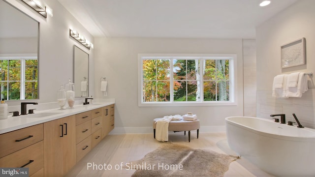 bathroom featuring vanity and a tub