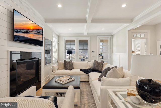 living room with beamed ceiling, crown molding, and coffered ceiling