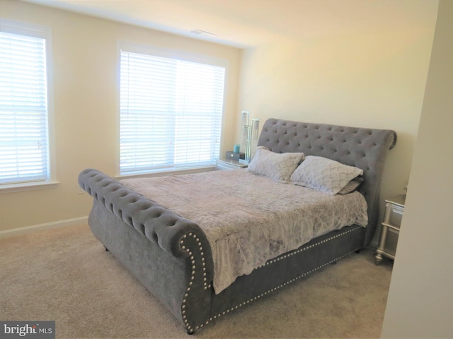 bedroom featuring multiple windows and light colored carpet