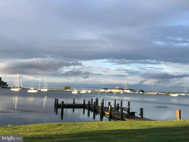 view of dock featuring a water view and a yard