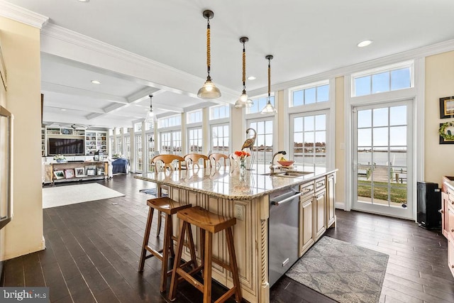 kitchen featuring decorative light fixtures, dishwasher, a center island with sink, beam ceiling, and coffered ceiling