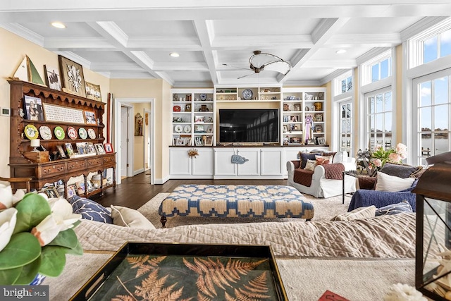 living room featuring dark wood-type flooring, ornamental molding, beamed ceiling, and coffered ceiling