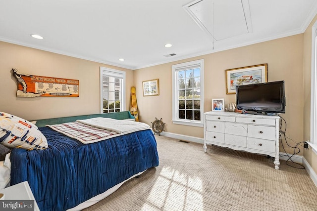 bedroom featuring carpet and ornamental molding