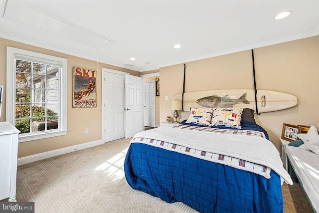 carpeted bedroom featuring ornamental molding