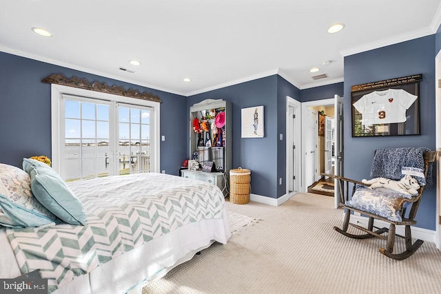 carpeted bedroom with ornamental molding and access to exterior