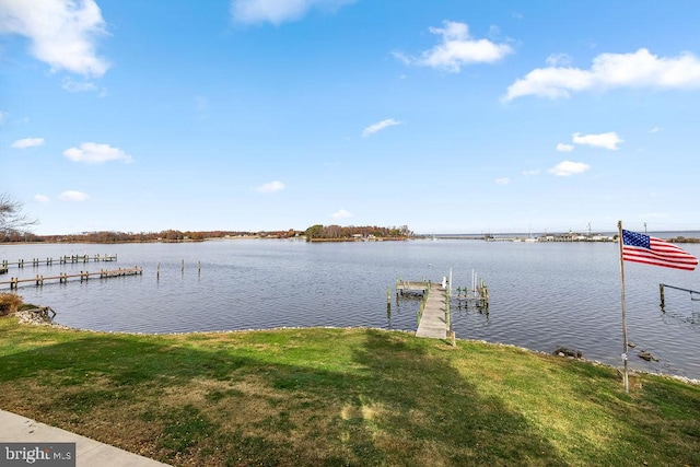 dock area featuring a yard and a water view