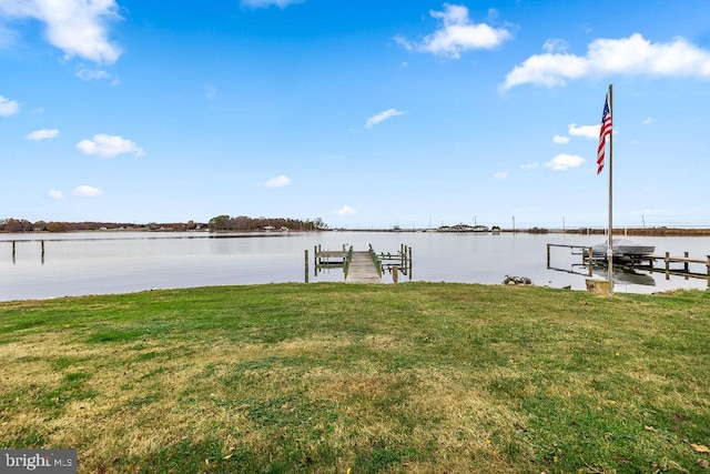 dock area featuring a water view and a yard