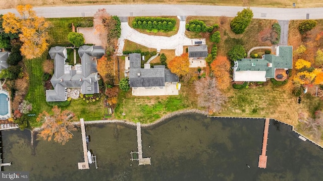 drone / aerial view with a water view