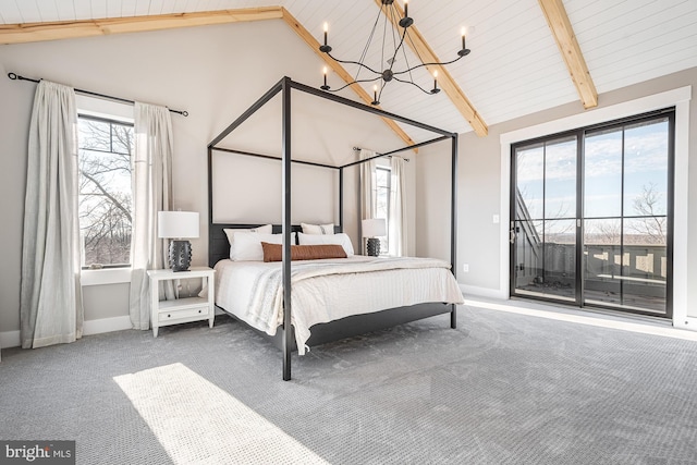 bedroom with access to exterior, high vaulted ceiling, a notable chandelier, beamed ceiling, and carpet floors