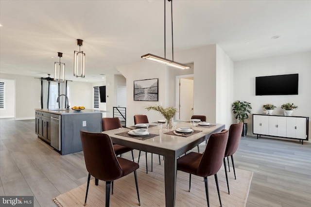 dining space with light hardwood / wood-style floors and sink