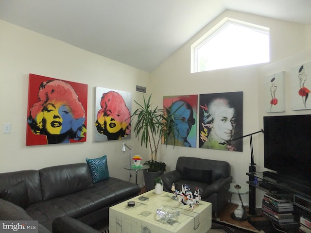 living room with lofted ceiling