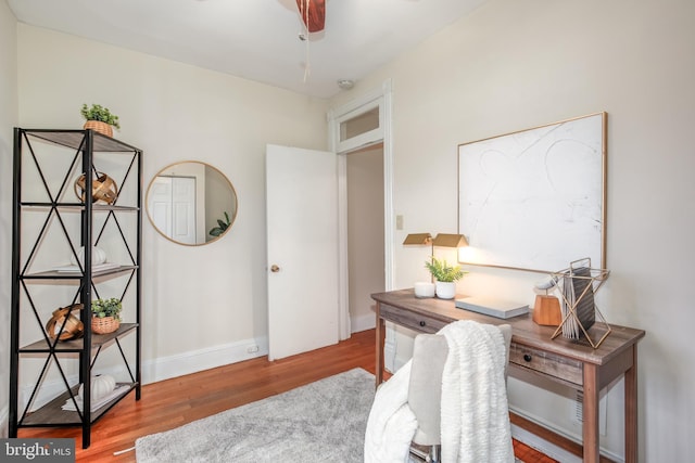 office with hardwood / wood-style floors and ceiling fan