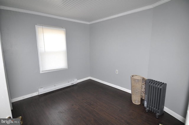 unfurnished room featuring crown molding, radiator heating unit, dark wood-type flooring, and a baseboard heating unit