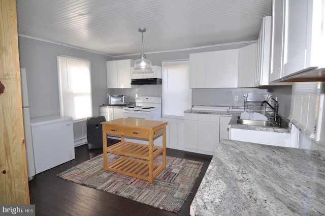 kitchen with dark wood-type flooring, sink, electric range, white cabinetry, and hanging light fixtures