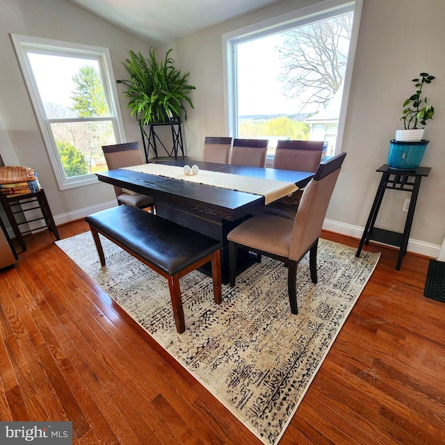 dining space with a healthy amount of sunlight, vaulted ceiling, and wood-type flooring