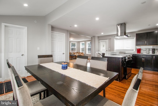 dining room featuring light hardwood / wood-style floors and vaulted ceiling