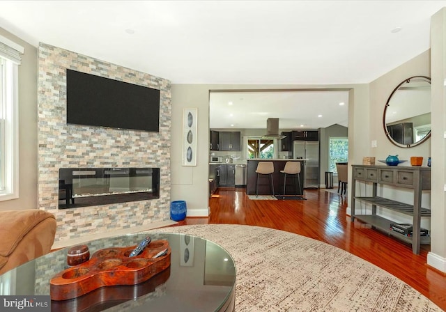 living room with dark hardwood / wood-style floors and a stone fireplace