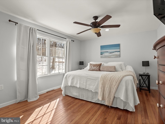 bedroom with hardwood / wood-style floors and ceiling fan