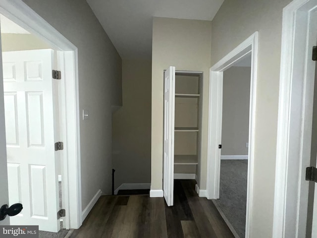 clothes washing area with dark hardwood / wood-style flooring