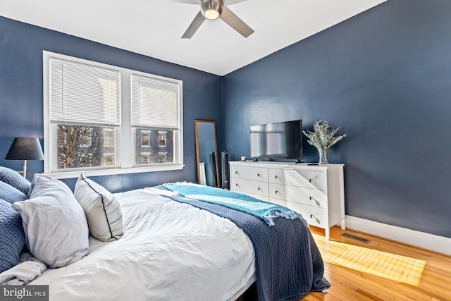 bedroom featuring ceiling fan and wood-type flooring