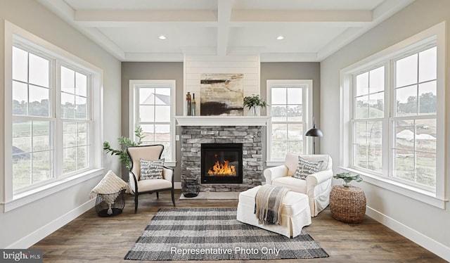 sunroom with a stone fireplace and plenty of natural light