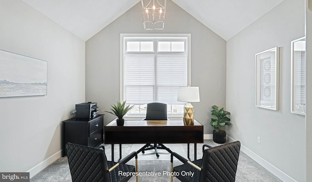 office space with carpet, a healthy amount of sunlight, and lofted ceiling