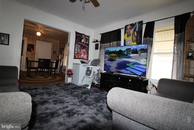 living room featuring ceiling fan, crown molding, and wood walls