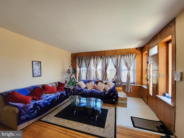 living room featuring wood walls and light hardwood / wood-style floors