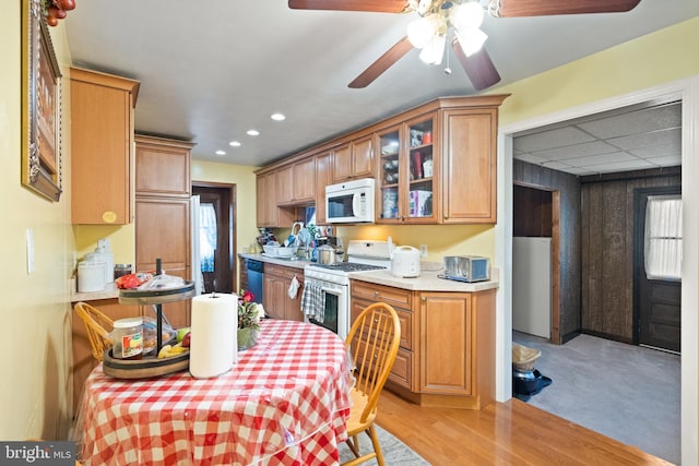 kitchen with light wood-type flooring and white appliances