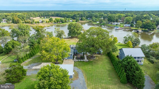 bird's eye view with a water view