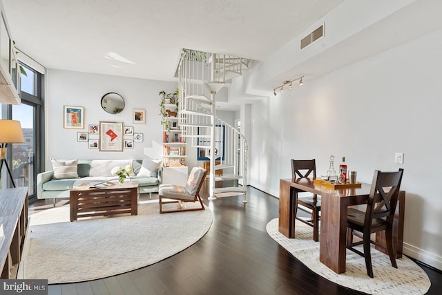 living room featuring dark hardwood / wood-style flooring and track lighting