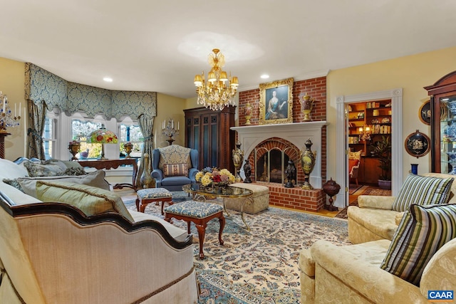 living room featuring a chandelier, hardwood / wood-style flooring, and a brick fireplace