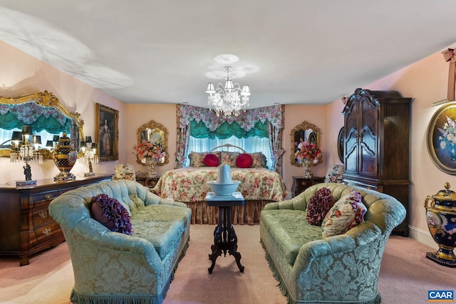 living area featuring light colored carpet and an inviting chandelier