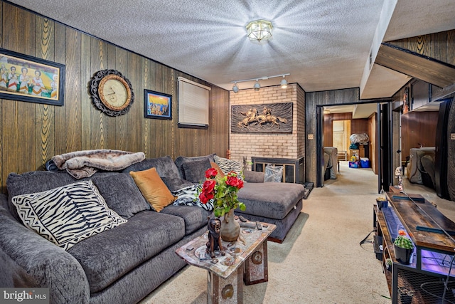 living room featuring wood walls, light carpet, and a textured ceiling