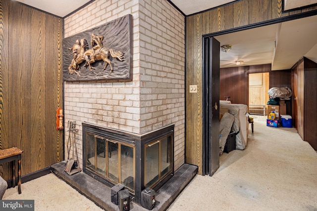 interior details featuring a fireplace and wooden walls