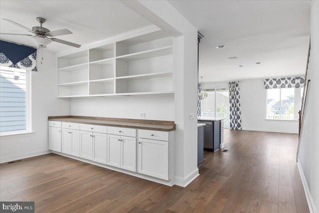 kitchen with white cabinetry, dark hardwood / wood-style flooring, ceiling fan, and wooden counters