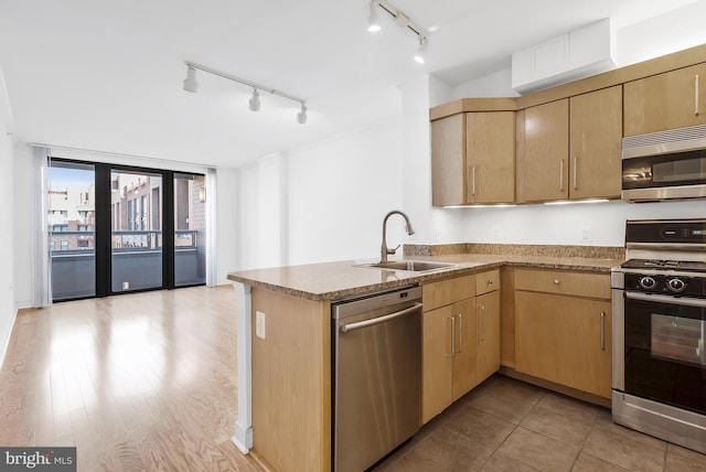 kitchen featuring kitchen peninsula, rail lighting, light hardwood / wood-style floors, and appliances with stainless steel finishes