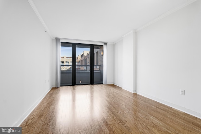 empty room with light hardwood / wood-style flooring and ornamental molding