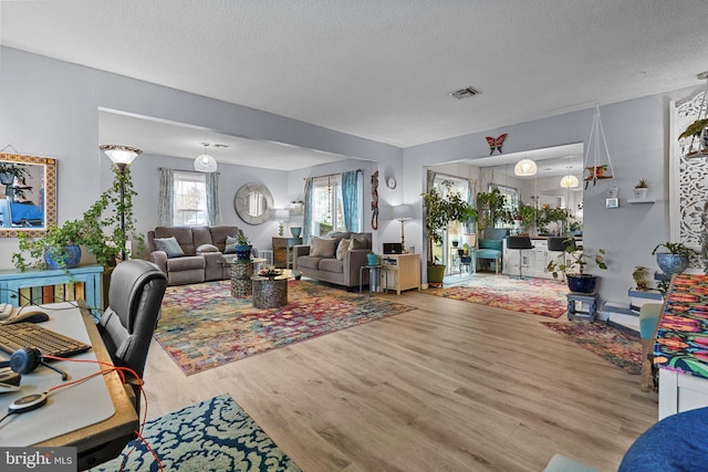 living room featuring wood-type flooring and a textured ceiling