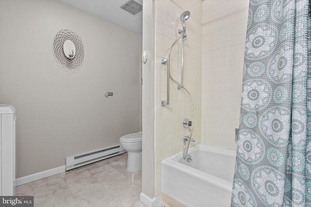 bathroom featuring washer / dryer, shower / bath combination with curtain, toilet, and a baseboard heating unit