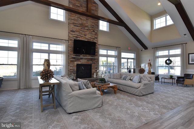 living room featuring hardwood / wood-style floors, high vaulted ceiling, and a wealth of natural light