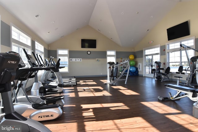 exercise room with high vaulted ceiling and wood-type flooring