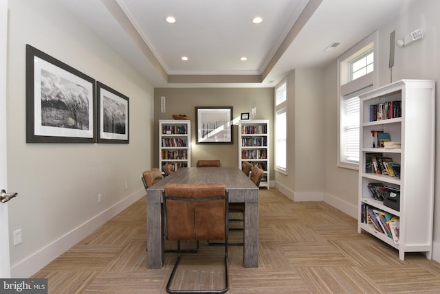 office area featuring ornamental molding and light parquet floors