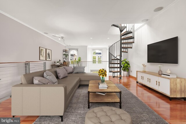 living room with ornamental molding and hardwood / wood-style flooring