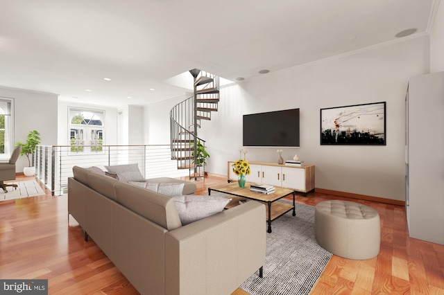 living room featuring french doors, light hardwood / wood-style floors, and ornamental molding